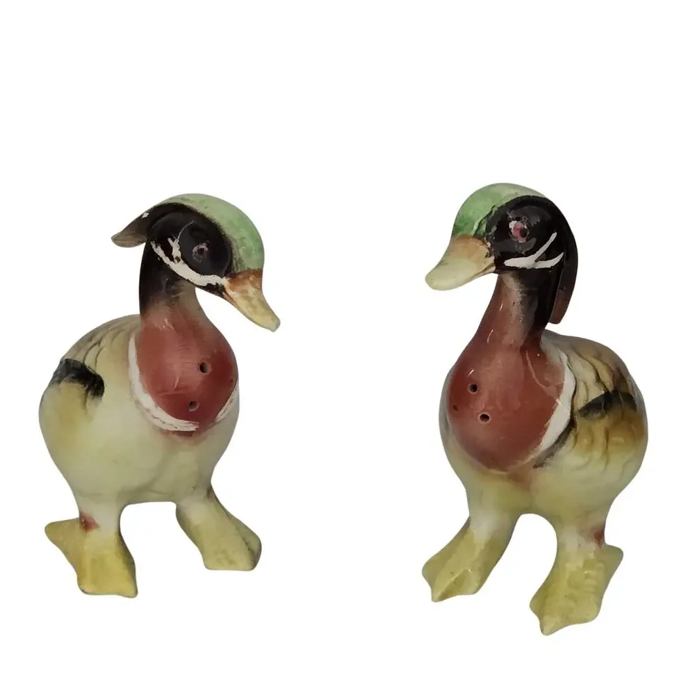 Vintage Ceramic Crested Duck Salt Pepper Shakers MCM Kitsch Figural Birds